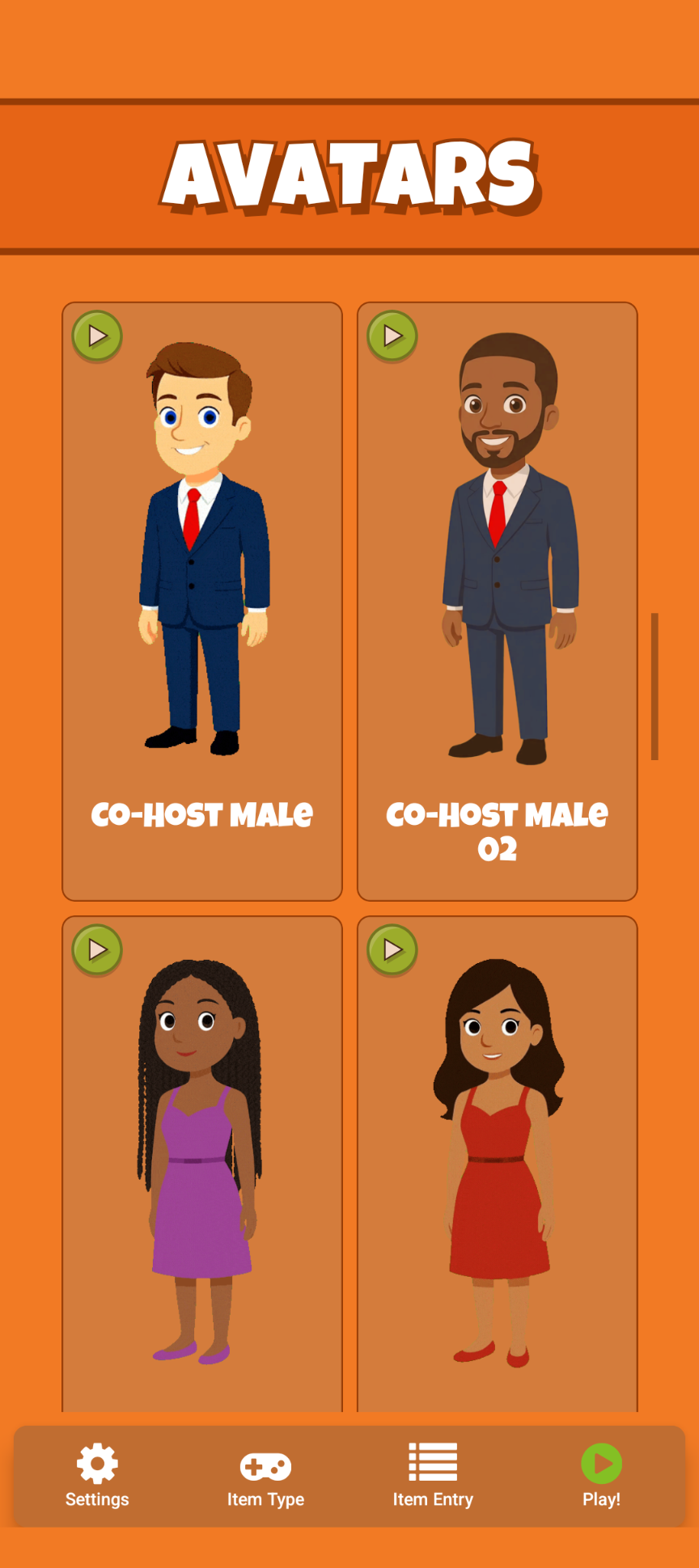 Avatar selection screen