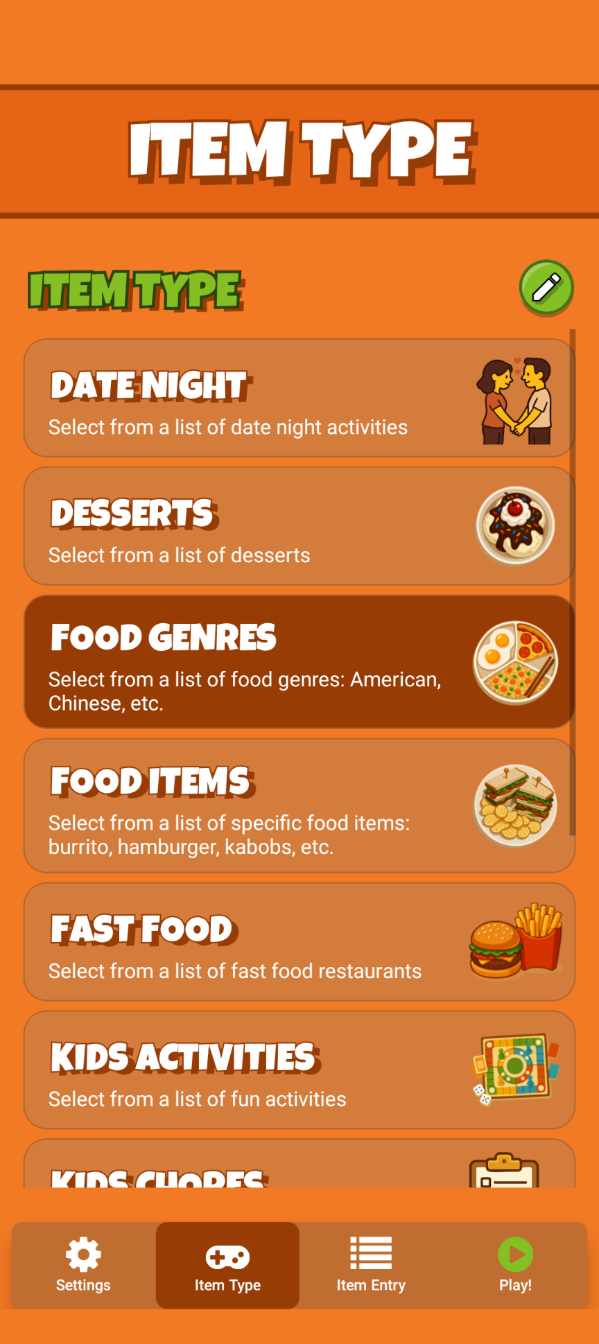 Item types selection screen